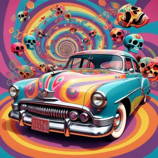 Prompt: 1950s vintage car set in a psychedelic spiral perspective with vibrant multicolored skulls and hearts, surrounded by swirling patterns and a surreal, dreamlike environment.