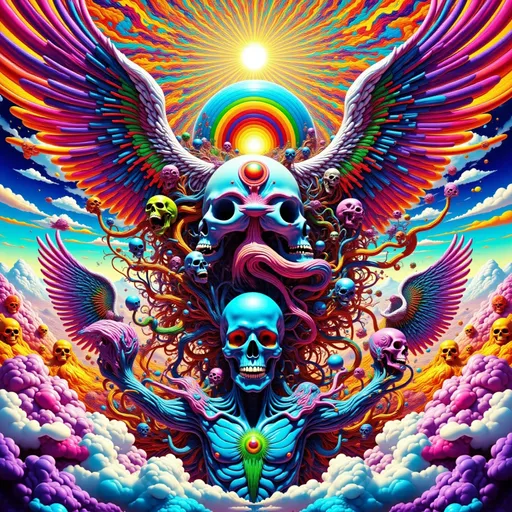 Prompt: Perspective of skulls background perspective espiral golden angels