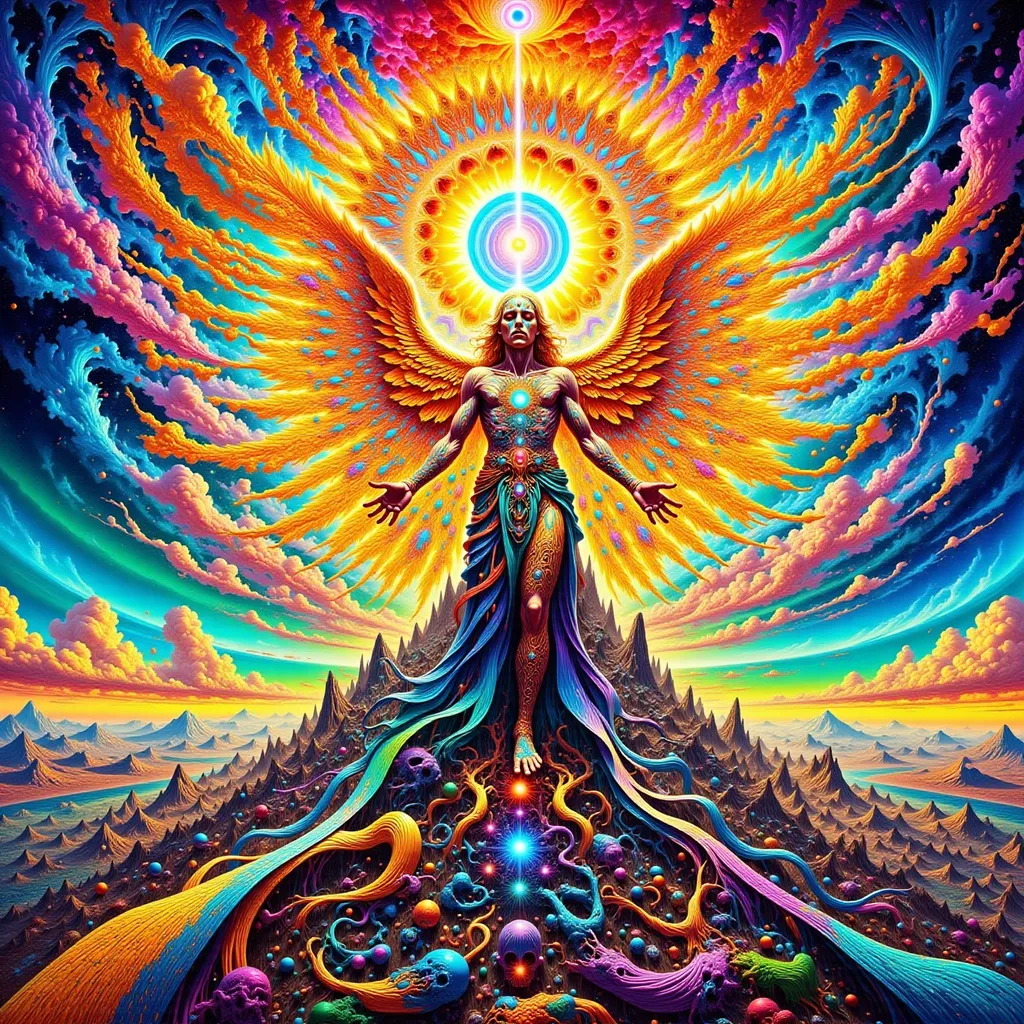 Prompt: Golden Angel over a pile of dead devils