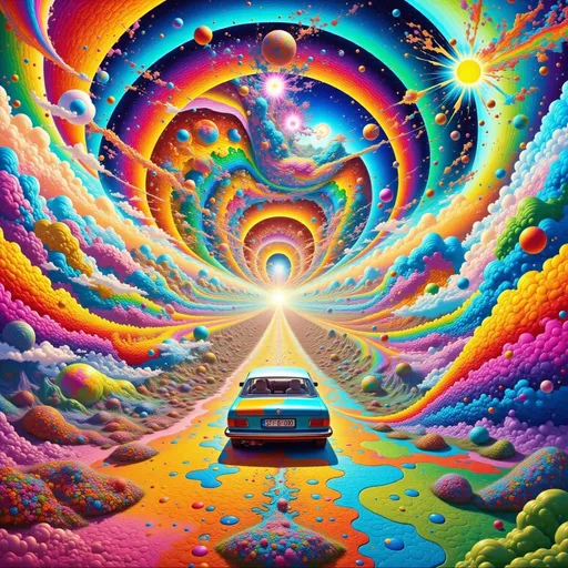 Prompt: Perspective of classic car background golden angels perspective espiral 