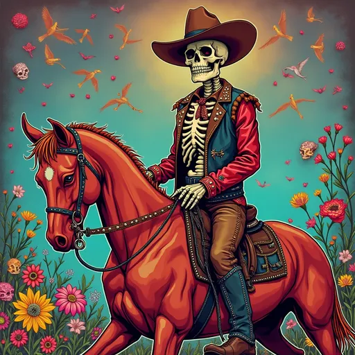 Prompt: Skeleton western cowboy dress leather and metal rivets

Mounted on a red horse

Psychedelic background multicolored skulls multicolored flowers and birds