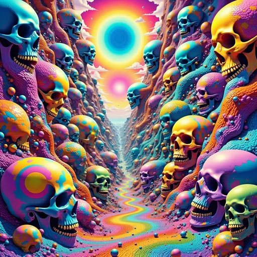 Prompt: Perspective of skulls background perspective espiral golden angels