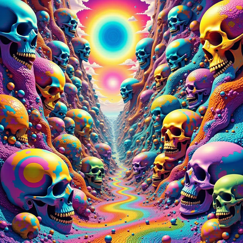 Prompt: Perspective of skulls background perspective espiral golden angels