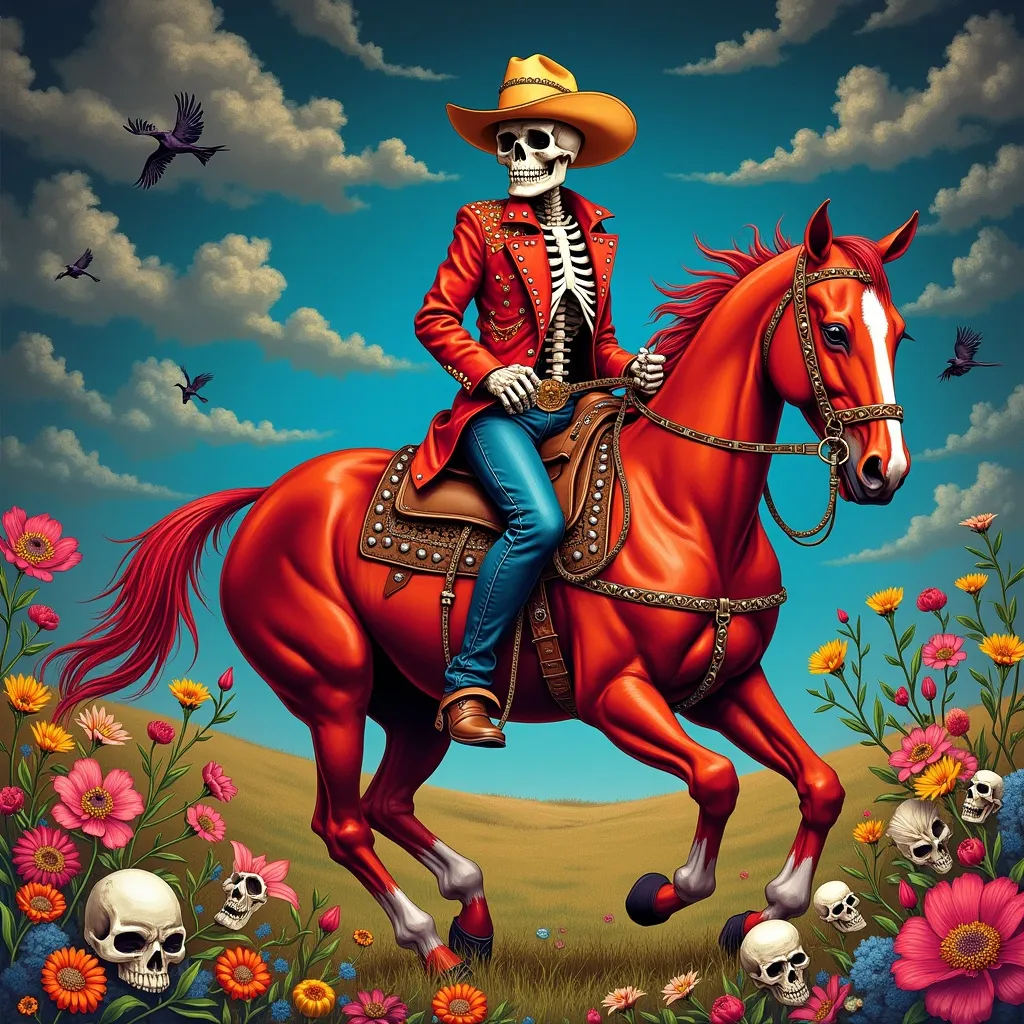 Prompt: Skeleton western cowboy dress leather and metal rivets

Mounted on a red horse

Psychedelic background multicolored skulls multicolored flowers and birds