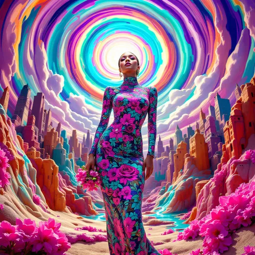 Prompt: Mujer con vestido ajustado psicodelia  en una ciudad surrealista sol radiante multicolor
