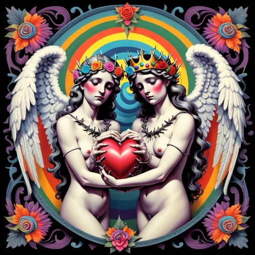 Prompt: Dos ángeles sosteniendo un corazón atravesado con flechas y corona de espinas fondo espiral psicodélica de calaveras multicolor

