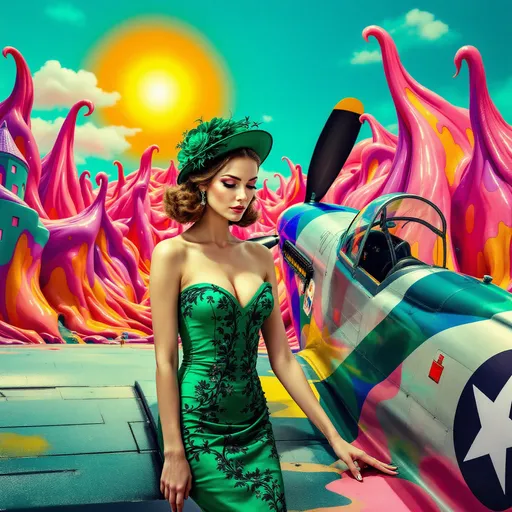 Prompt: Mujer con vestido ajustado cerca de un avión o-51 mustang psicodelia  en una ciudad surrealista sol radiante multicolor
