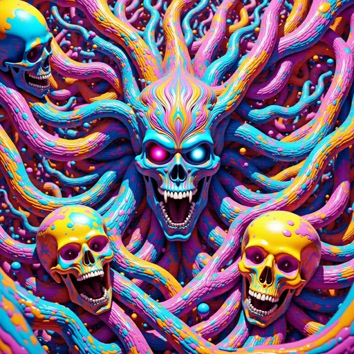Prompt: 10 zombies skulls chaos given form by form in a state of chaos.