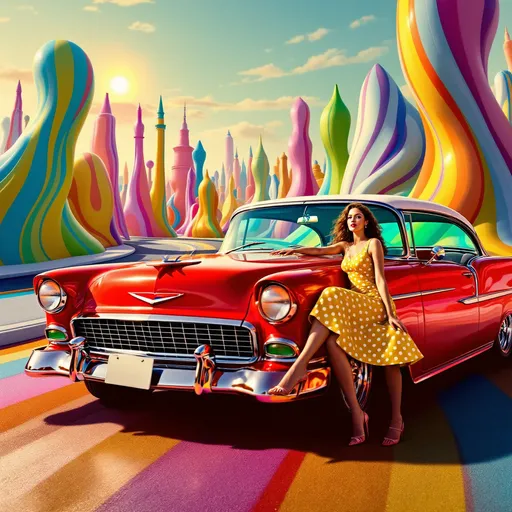 Prompt: Mujer con vestido ajustado conduciendo un coche años 50 psicodelia  en una ciudad surrealista sol radiante multicolor
