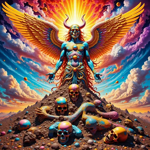Prompt: Golden Angel over a pile of dead devils