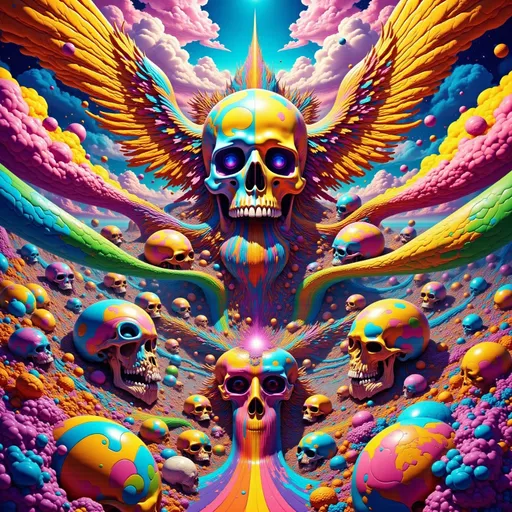 Prompt: Perspective of skulls background perspective espiral golden angels