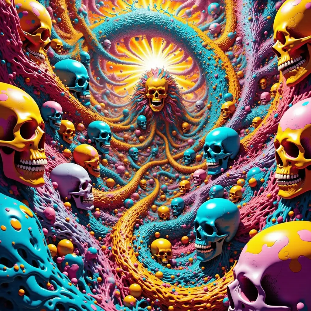 Prompt: Perspective of skulls background perspective espiral golden angels