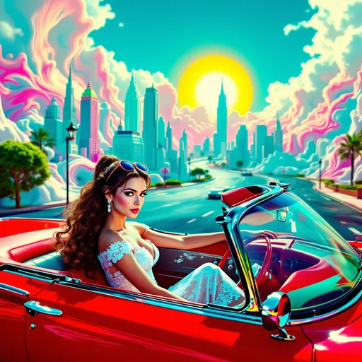 Prompt: Mujer con vestido ajustado conduciendo un coche años 50 psicodelia  en una ciudad surrealista sol radiante multicolor

