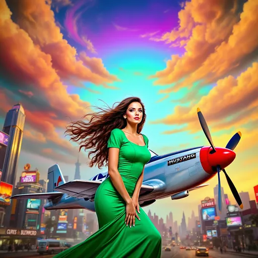 Prompt: Mujer con vestido ajustado cerca de un avión o-51 mustang psicodelia  en una ciudad surrealista sol radiante multicolor
