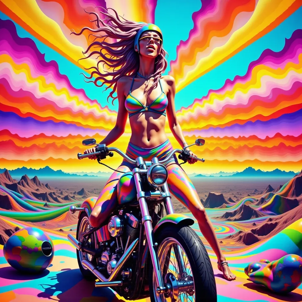Prompt: Mujer con bikini conduciendo una moto chopper de los años 70 con pintura psicodelia fondo ciudad surrealista sol radiante