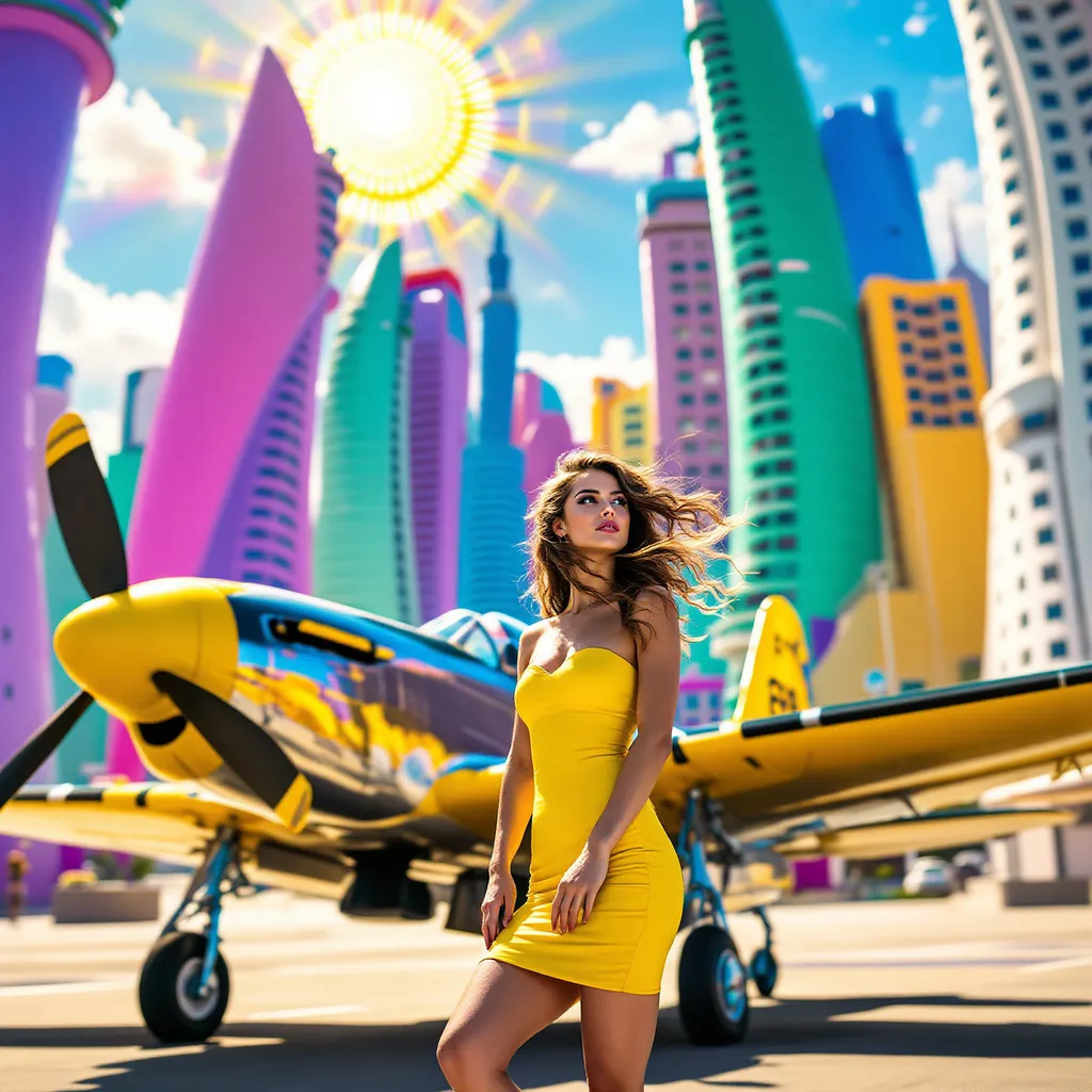 Prompt: Mujer con vestido ajustado cerca de un avión o-51 mustang psicodelia  en una ciudad surrealista sol radiante multicolor
