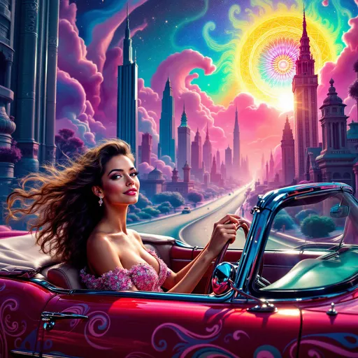 Prompt: Mujer con vestido ajustado conduciendo un coche años 50 psicodelia  en una ciudad surrealista sol radiante multicolor
