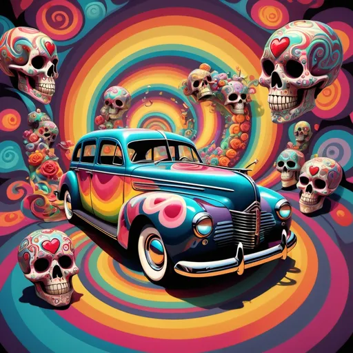 Prompt: 1940s vintage car set in a psychedelic spiral perspective with vibrant multicolored skulls and hearts, surrounded by swirling patterns and a surreal, dreamlike environment.