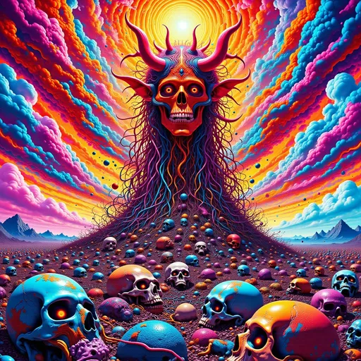 Prompt: Red devil over a pile of dead soldiers and skulls
