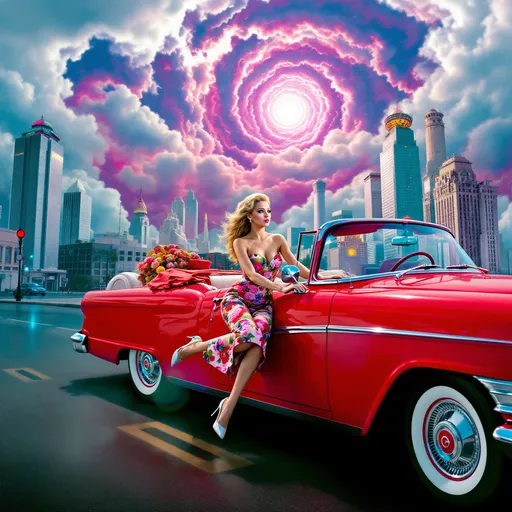 Prompt: Mujer con vestido ajustado conduciendo un coche años 50 psicodelia  en una ciudad surrealista sol radiante multicolor

