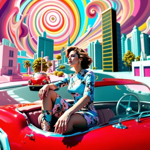 Prompt: Mujer con vestido ajustado conduciendo un coche años 50 psicodelia  en una ciudad surrealista sol radiante multicolor
