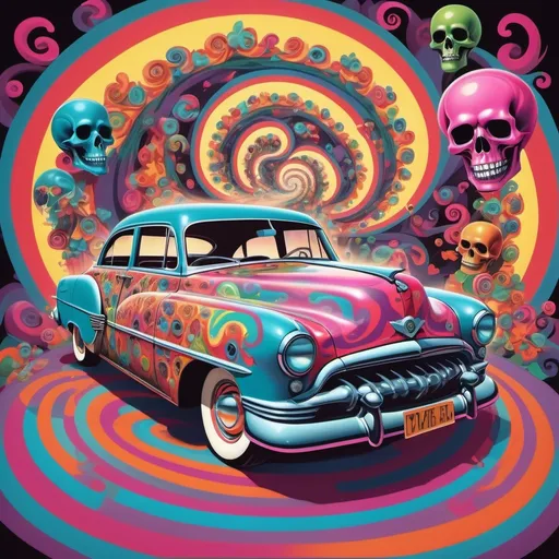 Prompt: 1950s vintage car set in a psychedelic spiral perspective with vibrant multicolored skulls and hearts, surrounded by swirling patterns and a surreal, dreamlike environment.