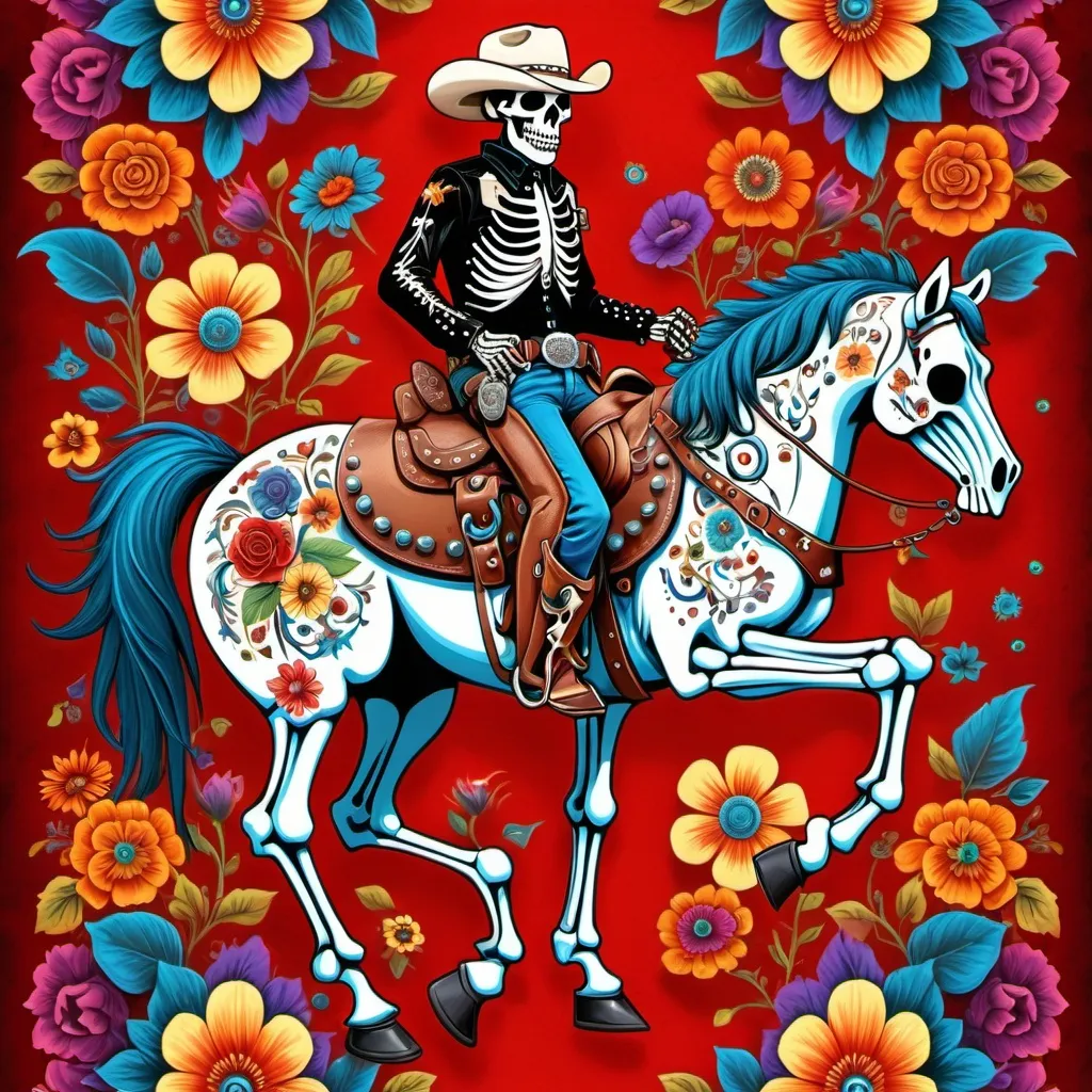 Prompt: Skeleton western cowboy dress leather and metal rivets

Mounted on a red horse

Psychedelic background multicolored skulls multicolored flowers and birds