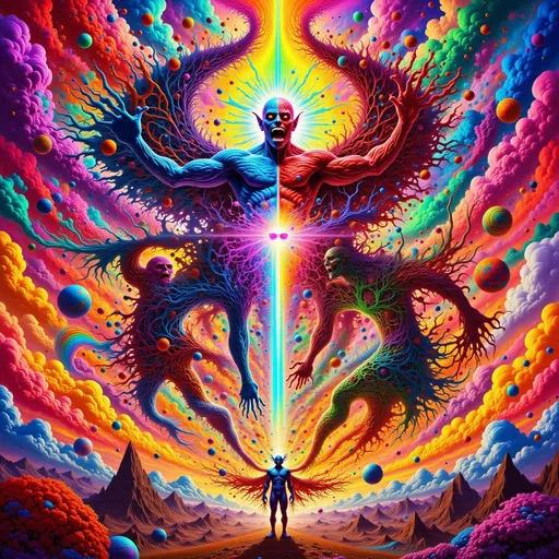 Prompt: Diablo rojo luchando con ángel plateado en ciudad futurist