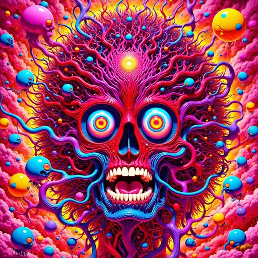 Prompt: Red devil and skull chaos given form by form in a state of chaos.