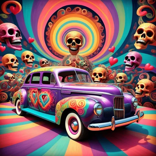 Prompt: 1940s vintage car set in a psychedelic spiral perspective with vibrant multicolored skulls and hearts, surrounded by swirling patterns and a surreal, dreamlike environment.