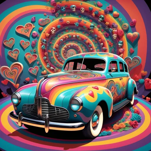 Prompt: 1940s vintage car set in a psychedelic spiral perspective with vibrant multicolored skulls and hearts, surrounded by swirling patterns and a surreal, dreamlike environment.