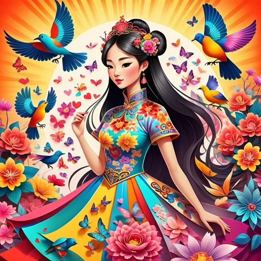 Prompt: Princesa china diseñando vestidos en un papel psicodelia corazones multicolores flores mariposas pajaros exoticos multicolores sol brillante con rayos multicolores