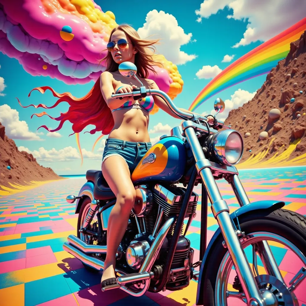 Prompt: Mujer con bikini conduciendo una moto chopper de los años 70 con pintura psicodelia fondo ciudad surrealista sol radiante