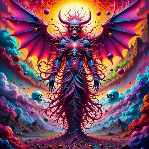 Prompt: Red devil and skull chaos given form by form in a state of chaos.