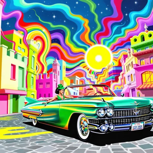 Prompt: Mujer con vestido ajustado conduciendo un coche años 50 psicodelia  en una ciudad surrealista sol radiante multicolor
