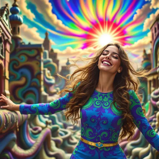 Prompt: Mujer con vestido ajustado psicodelia  en una ciudad surrealista sol radiante multicolor
