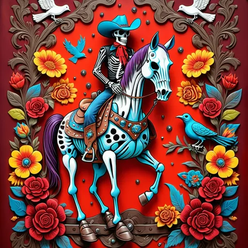 Prompt: Skeleton western cowboy dress leather and metal rivets

Mounted on a red horse

Psychedelic background multicolored skulls multicolored flowers and birds