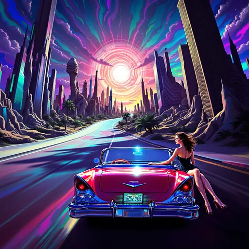Prompt: Mujer con vestido ajustado conduciendo un coche años 50 psicodelia  en una ciudad surrealista sol radiante multicolor
