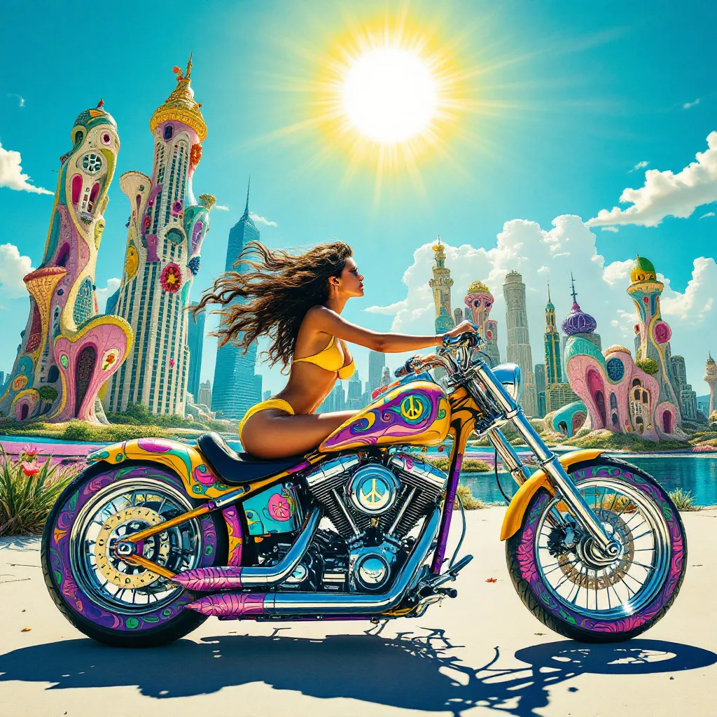 Prompt: Mujer con bikini conduciendo una moto chopper de los años 70 con pintura psicodelia fondo ciudad surrealista sol radiante