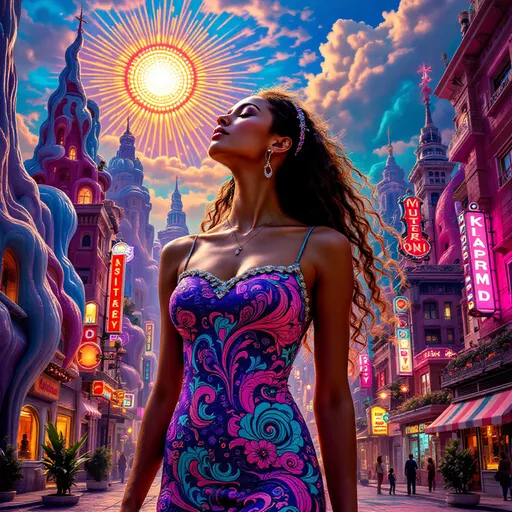 Prompt: Mujer con vestido ajustado psicodelia  en una ciudad surrealista sol radiante multicolor
