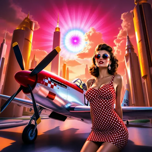 Prompt: Pin-up con vestido ajustado cerca de un avión o-51 mustang psicodelia  en una ciudad surrealista sol radiante multicolor
