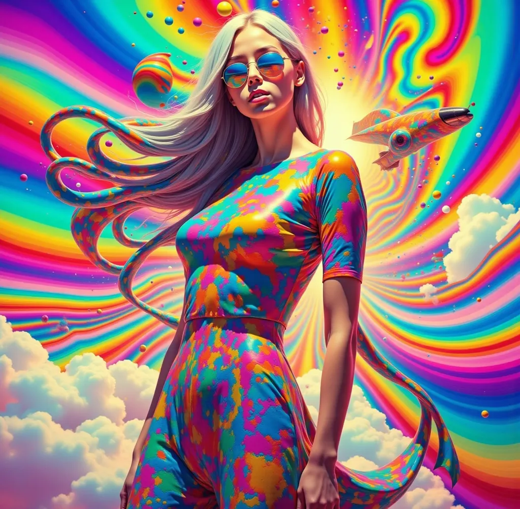 Prompt: Pin-up con vestido ajustado cerca de un avión o-51 mustang psicodelia  en una ciudad surrealista sol radiante multicolor