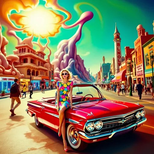 Prompt: Mujer con vestido ajustado conduciendo un coche años 50 psicodelia  en una ciudad surrealista sol radiante multicolor
