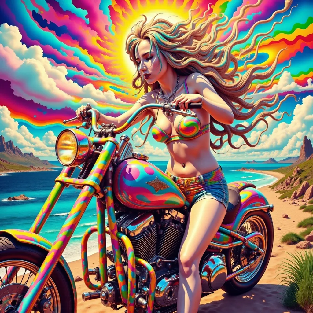 Prompt: Mujer con bikini conduciendo una moto chopper de los años 70 con pintura psicodelia fondo ciudad surrealista sol radiante