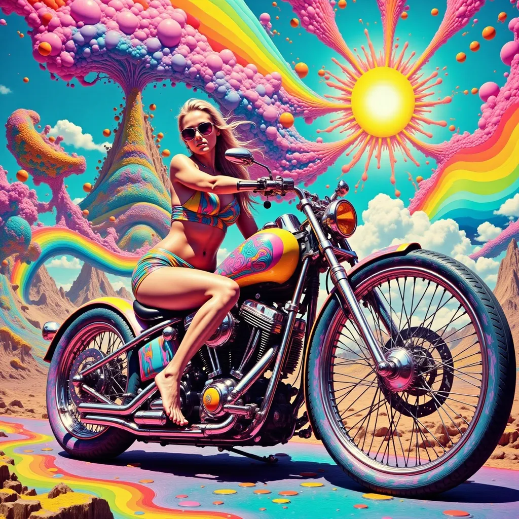 Prompt: Mujer con bikini conduciendo una moto chopper de los años 70 con pintura psicodelia fondo ciudad surrealista sol radiante
