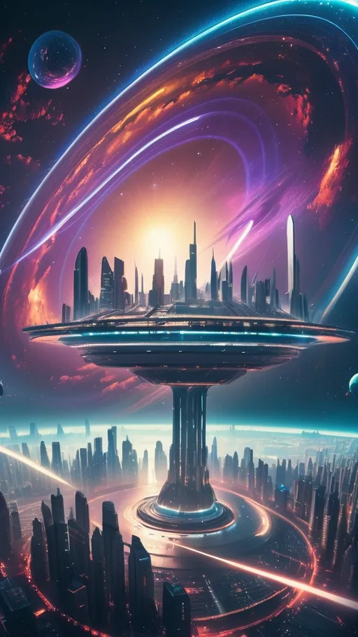 Prompt: a futuristic city surrounded by a galaxy and a large disk of light in the sky above the earth, with a large galaxy in the background, Beeple, afrofuturism, sci fi, a hologram