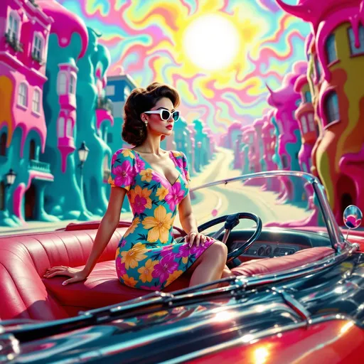 Prompt: Mujer con vestido ajustado conduciendo un coche años 50 psicodelia  en una ciudad surrealista sol radiante multicolor
