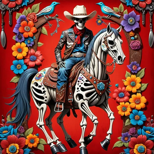 Prompt: Skeleton western cowboy dress leather and metal rivets

Mounted on a red horse

Psychedelic background multicolored skulls multicolored flowers and birds