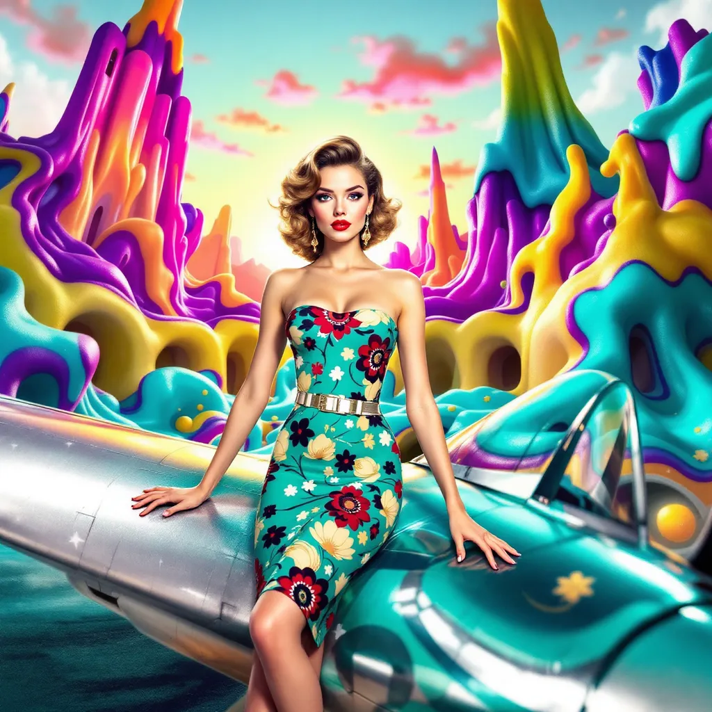 Prompt: Pin-up con vestido ajustado cerca de un avión o-51 mustang psicodelia  en una ciudad surrealista sol radiante multicolor
