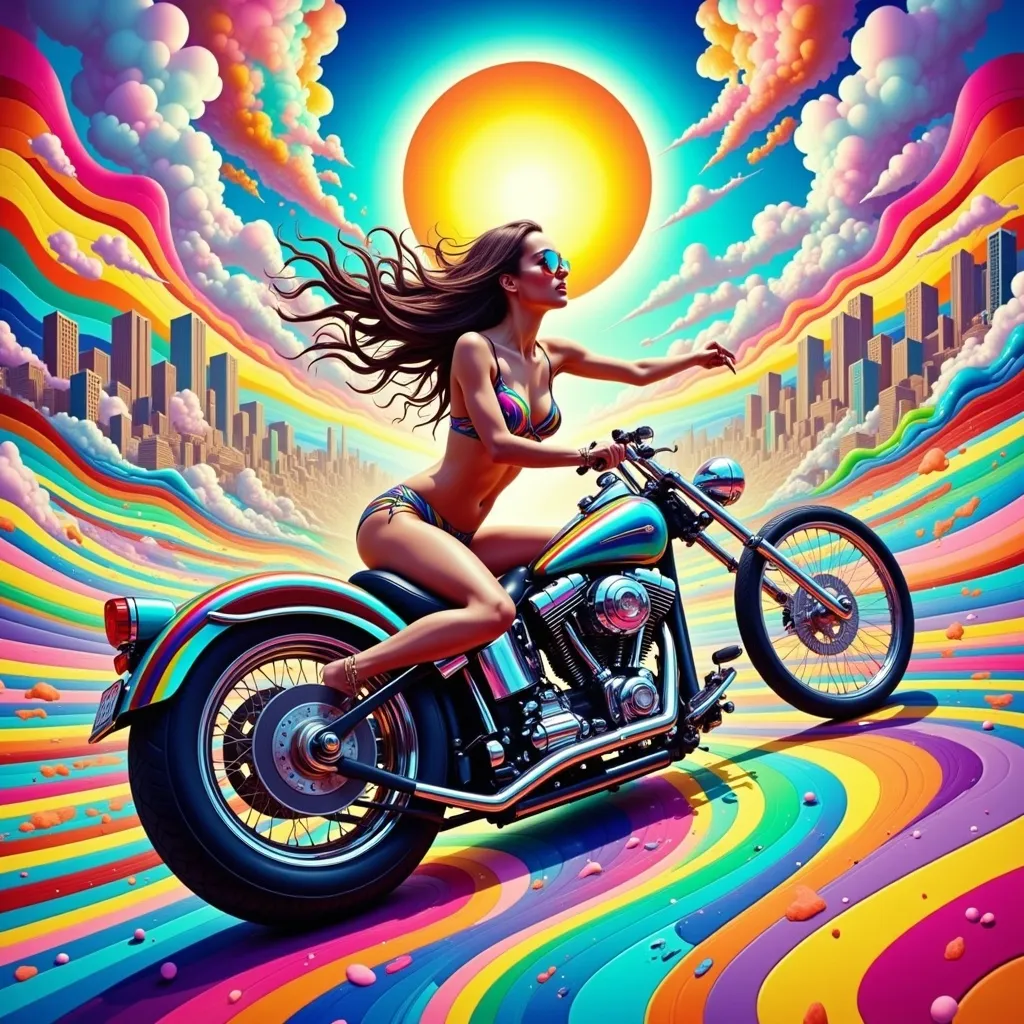 Prompt: Mujer con bikini conduciendo una moto chopper de los años 70 con pintura psicodelia fondo ciudad surrealista sol radiante
